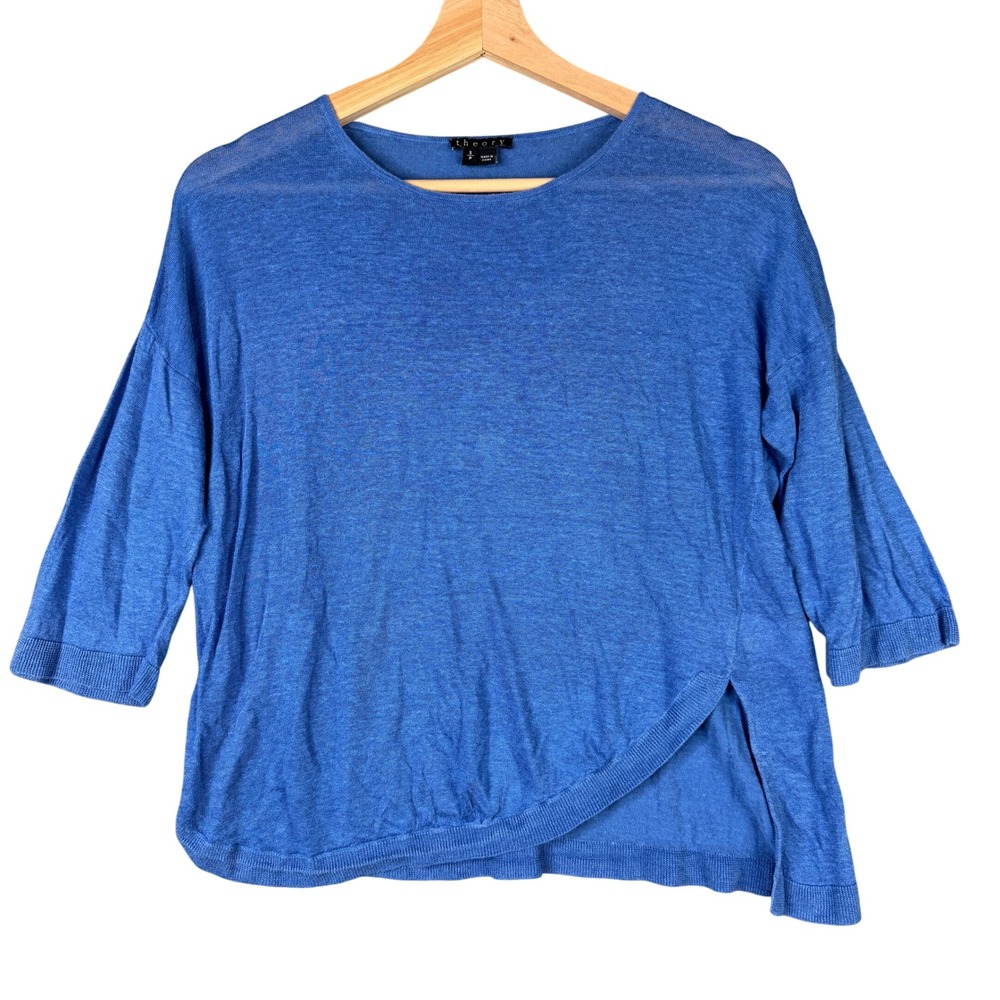 Theory Beylor C Sag Harbor Linen Blend Knit Top Blue 3/4 Sleeve Small F0313714